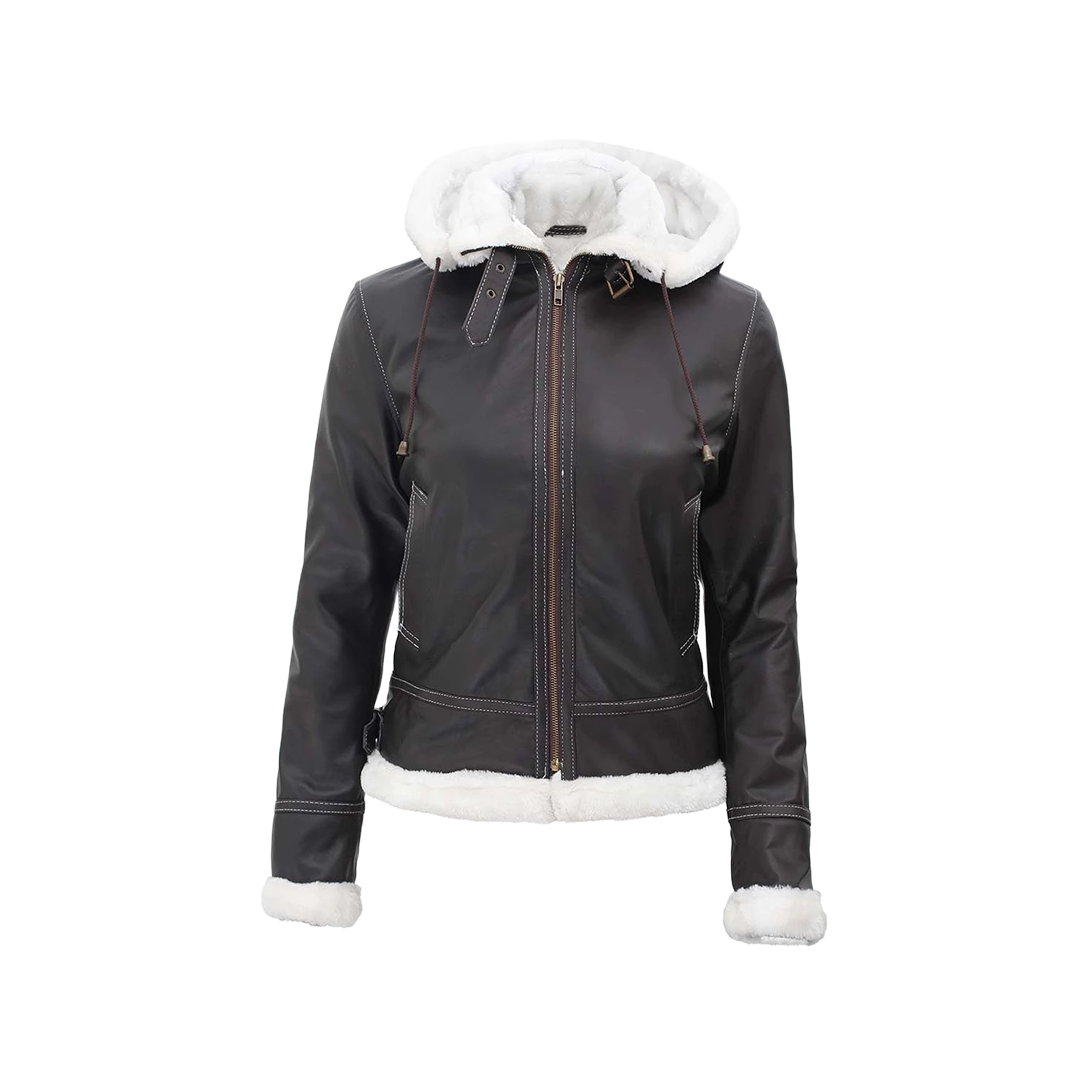 Women's Bomber Shearling Leather Jacket with Removable Hood