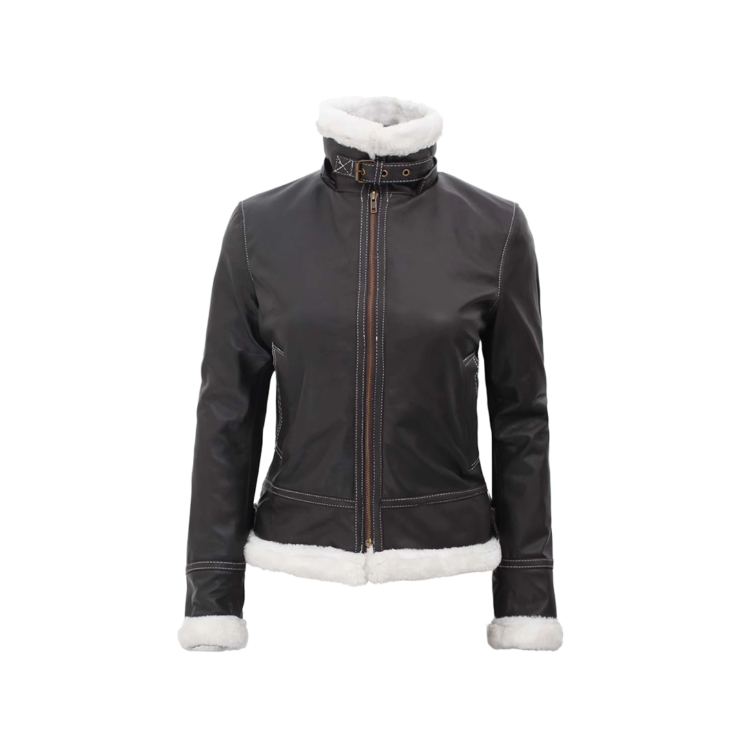 Women's Bomber Shearling Leather Jacket with Removable Hood