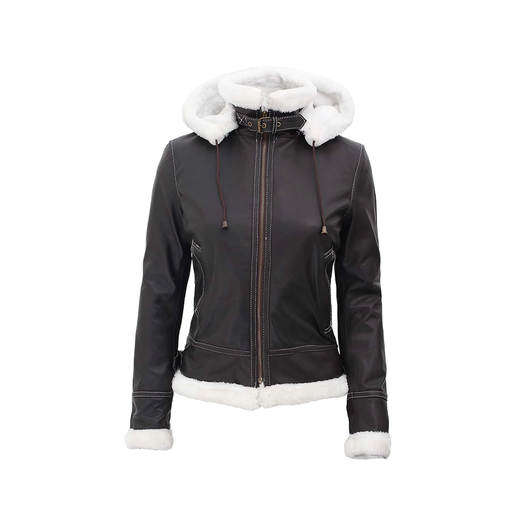 Women's Bomber Shearling Leather Jacket with Removable Hood