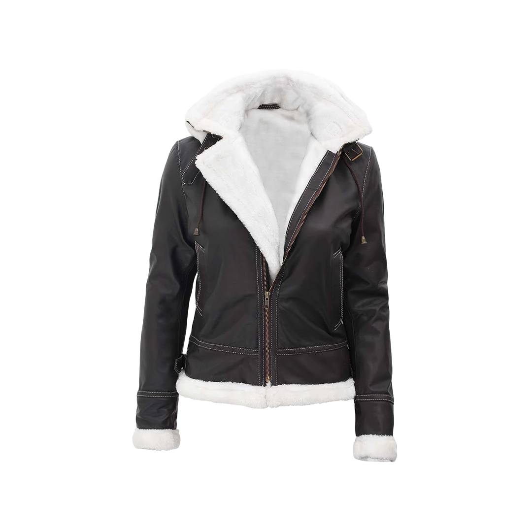 Women's Bomber Shearling Leather Jacket with Removable Hood