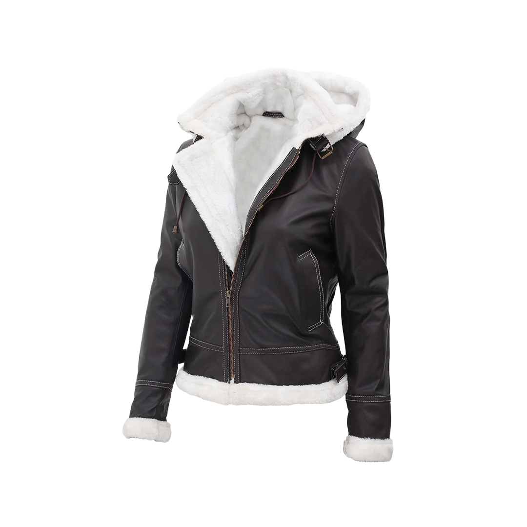 Women's Bomber Shearling Leather Jacket with Removable Hood