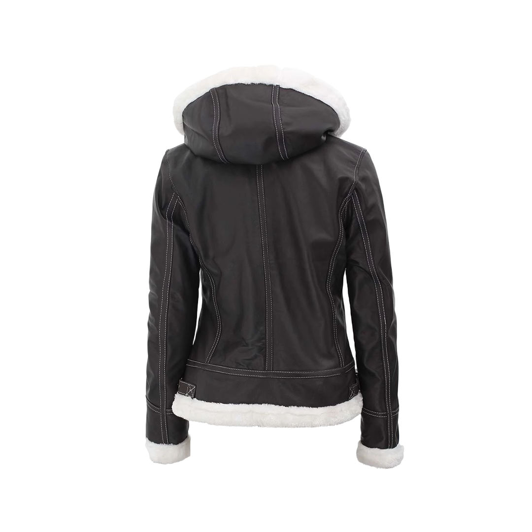 Women's Bomber Shearling Leather Jacket with Removable Hood