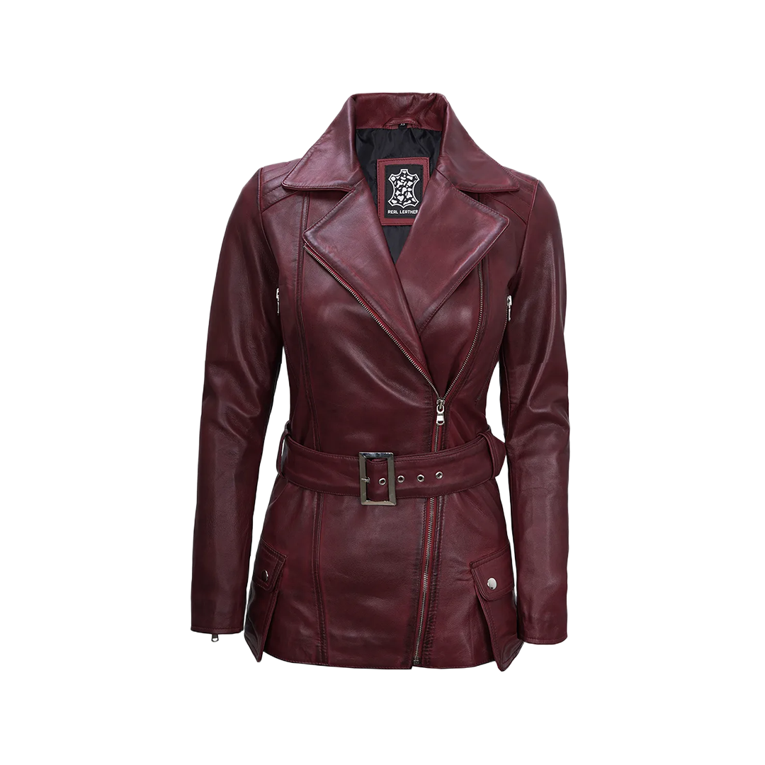Women's Burgundy Asymmetrical Real Leather Biker Jacket