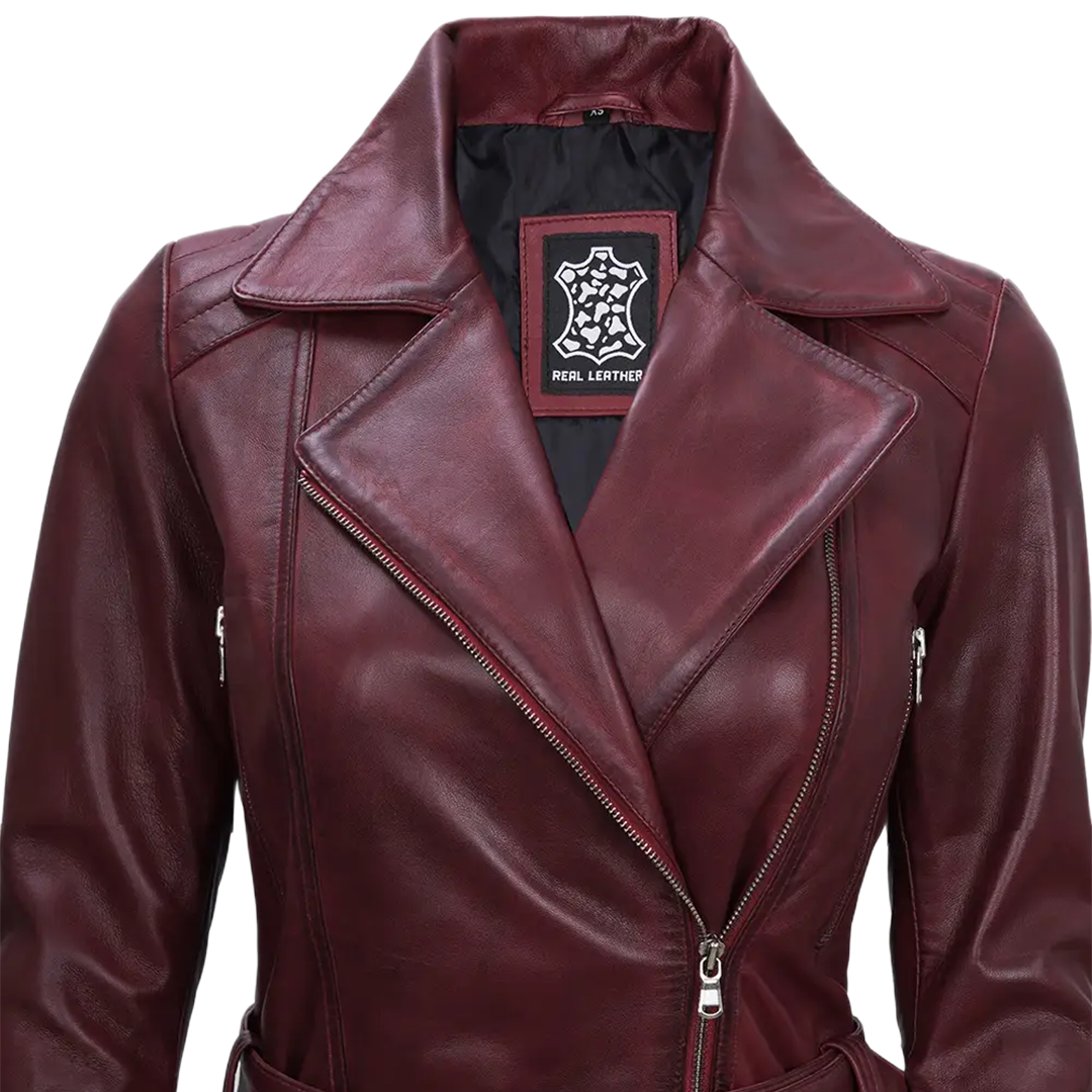 Women's Burgundy Asymmetrical Real Leather Biker Jacket