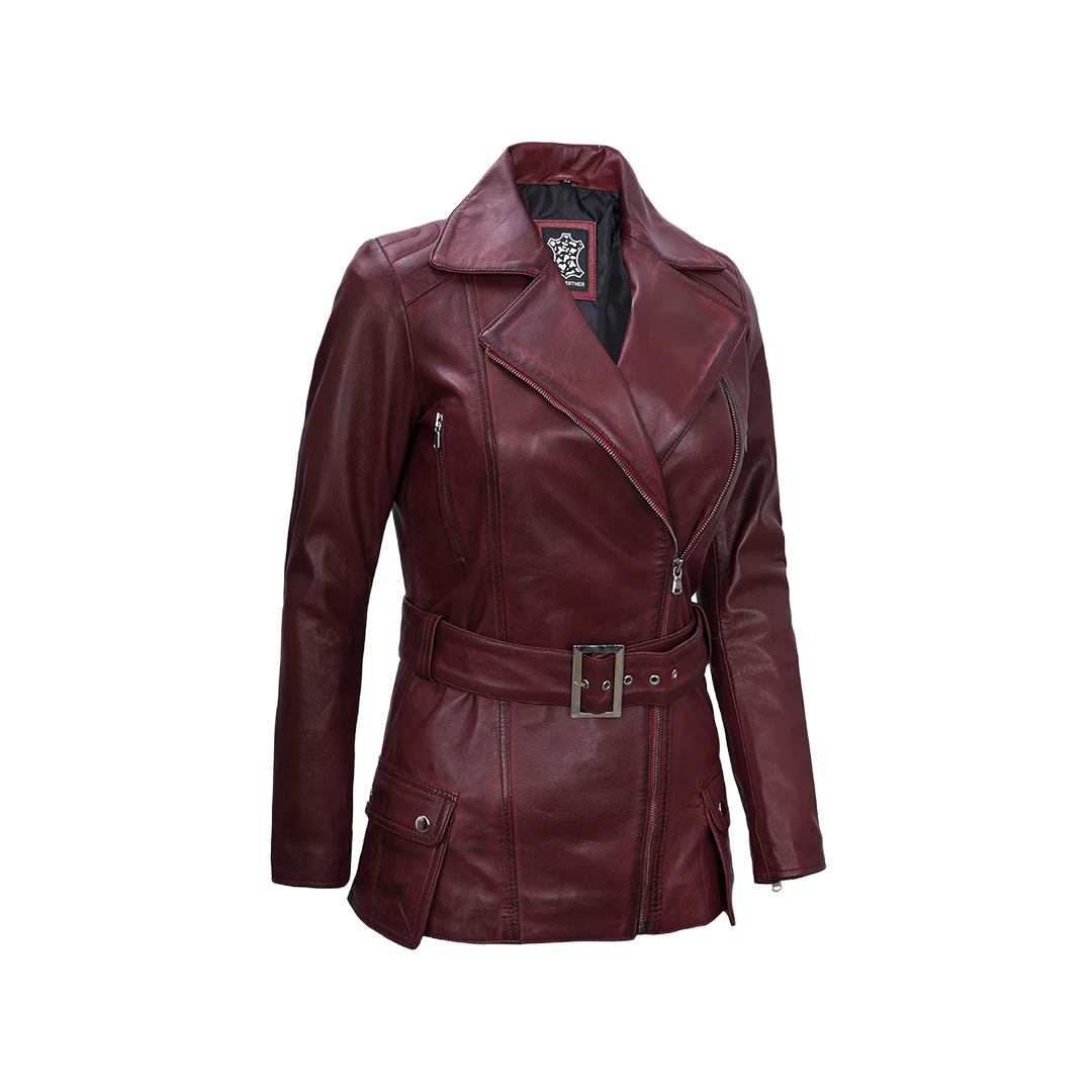 Women's Burgundy Asymmetrical Real Leather Biker Jacket