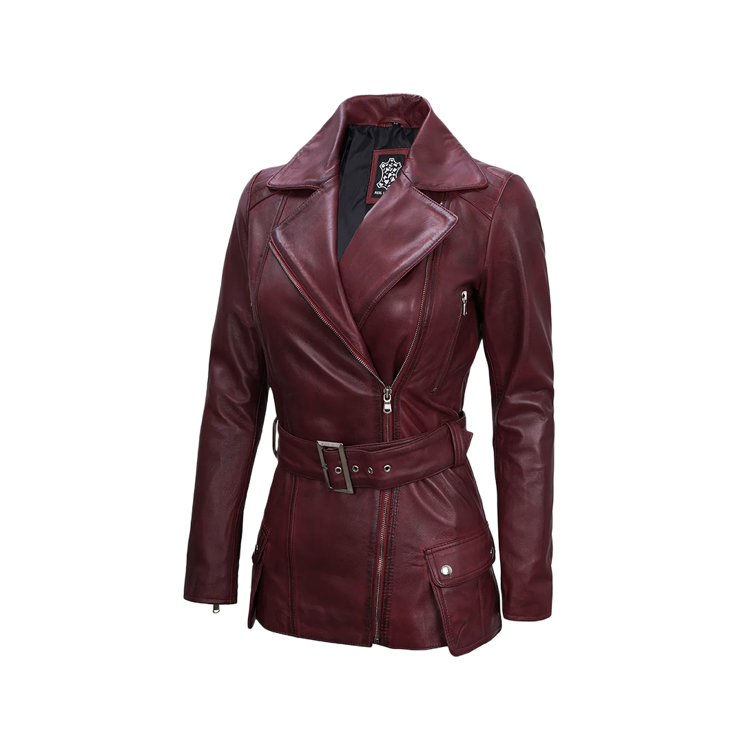 Women's Burgundy Asymmetrical Real Leather Biker Jacket
