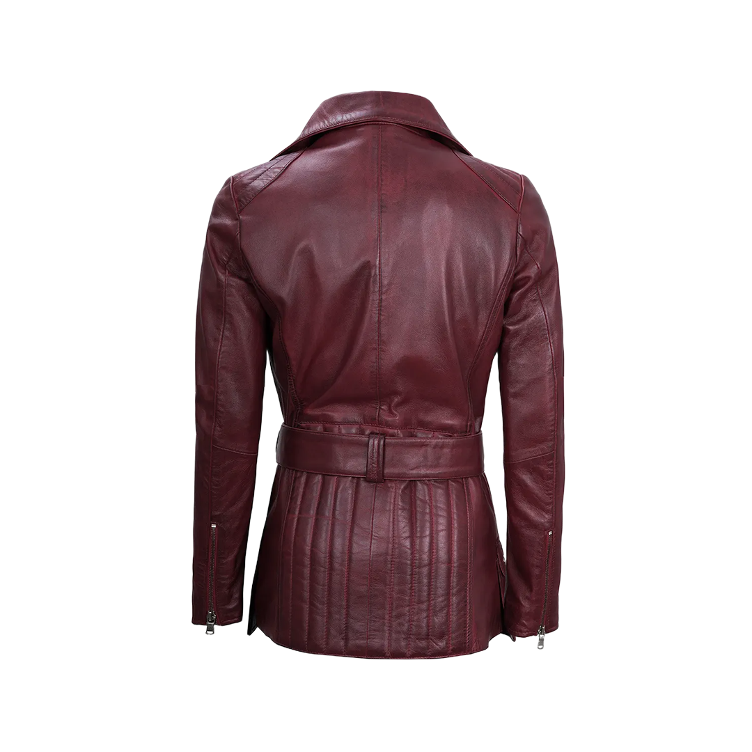 Women's Burgundy Asymmetrical Real Leather Biker Jacket