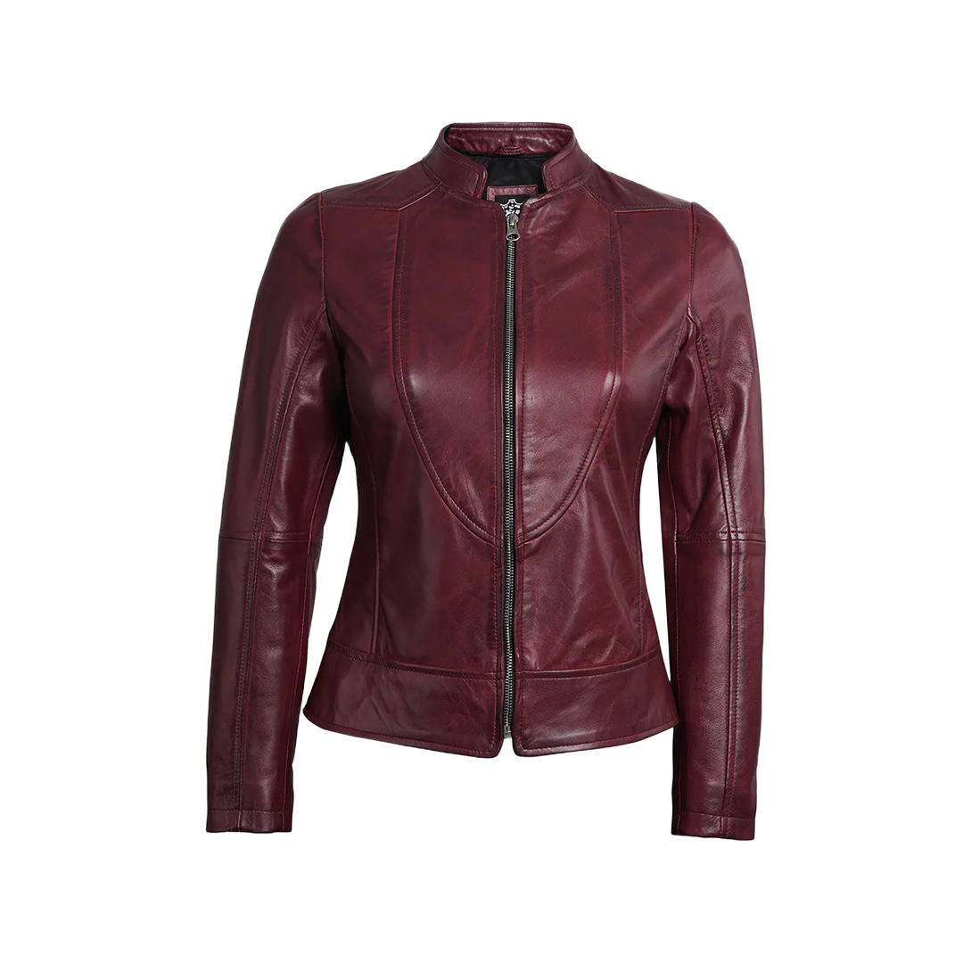 Women's Burgundy Cafe Racer Leather Jacket