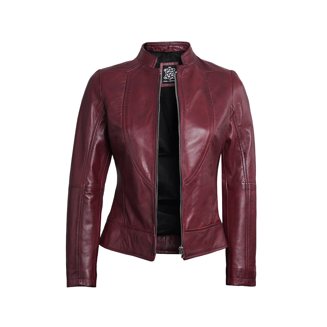 Women's Burgundy Cafe Racer Leather Jacket