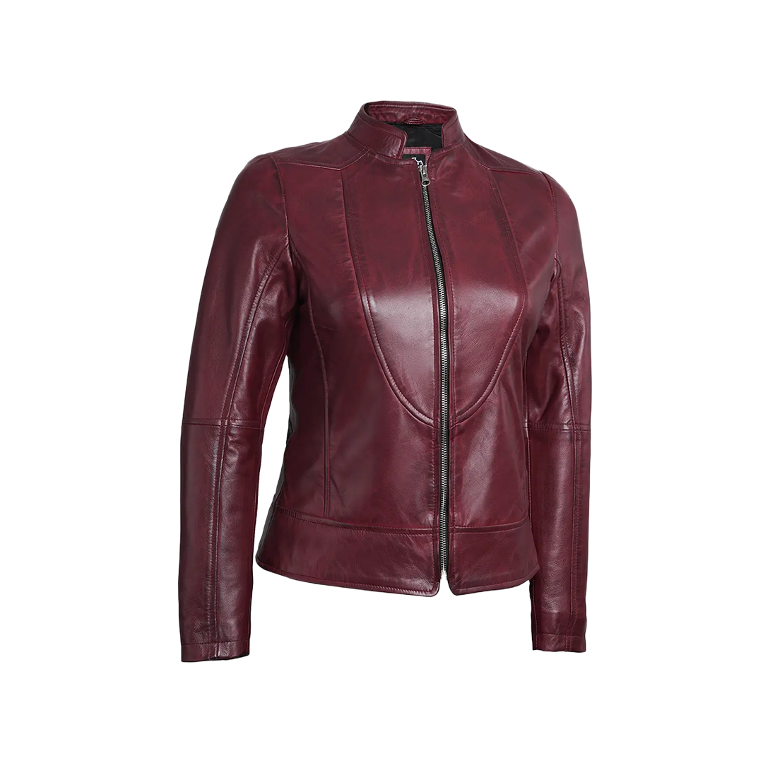 Women's Burgundy Cafe Racer Leather Jacket