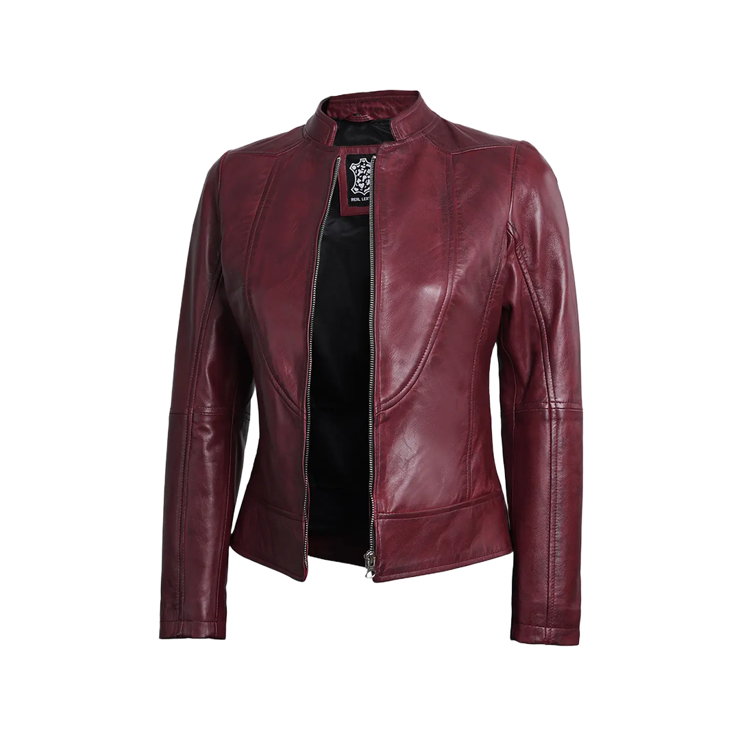Women's Burgundy Cafe Racer Leather Jacket