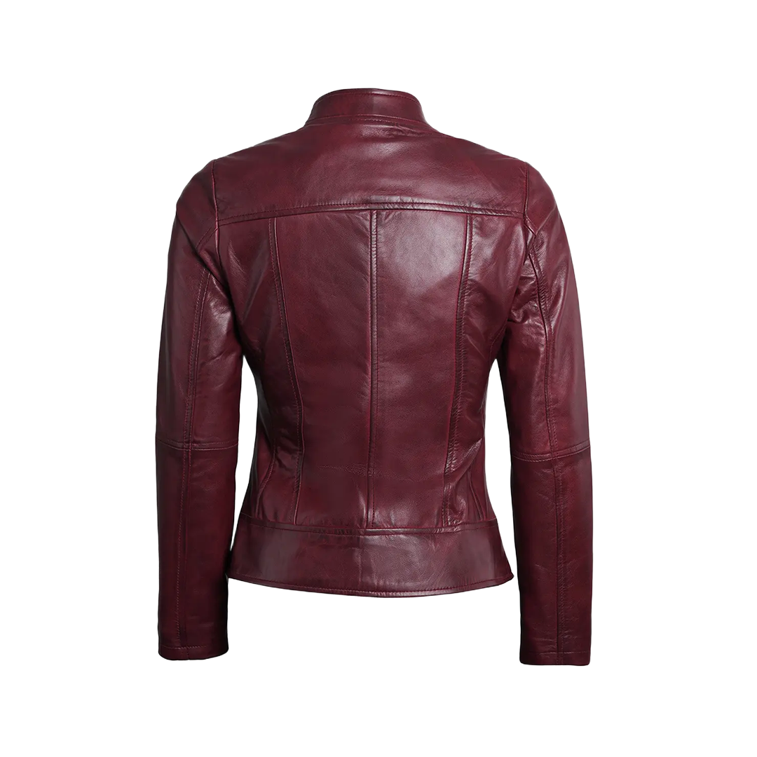 Women's Burgundy Cafe Racer Leather Jacket