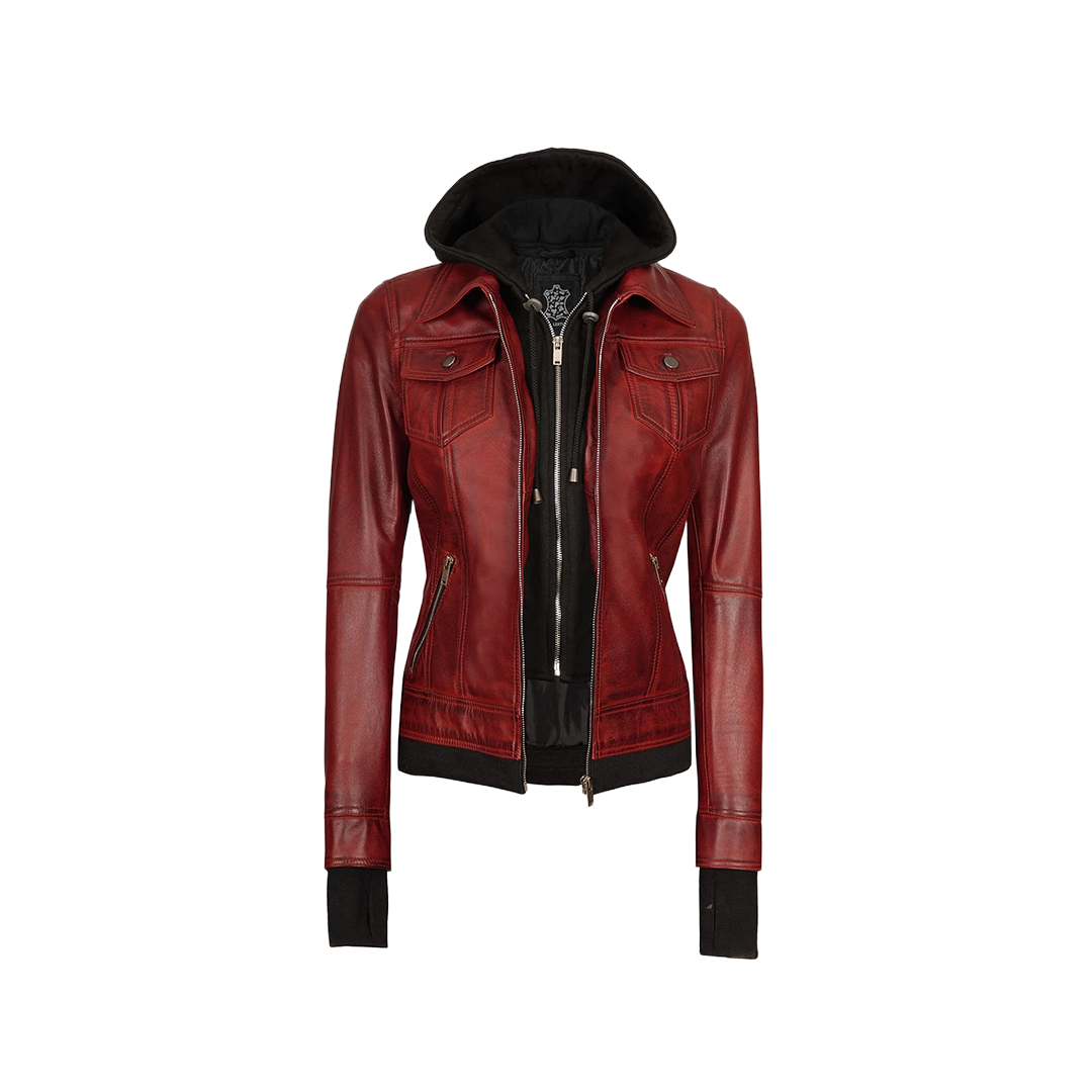 Women's Burgundy Hooded Leather Jacket