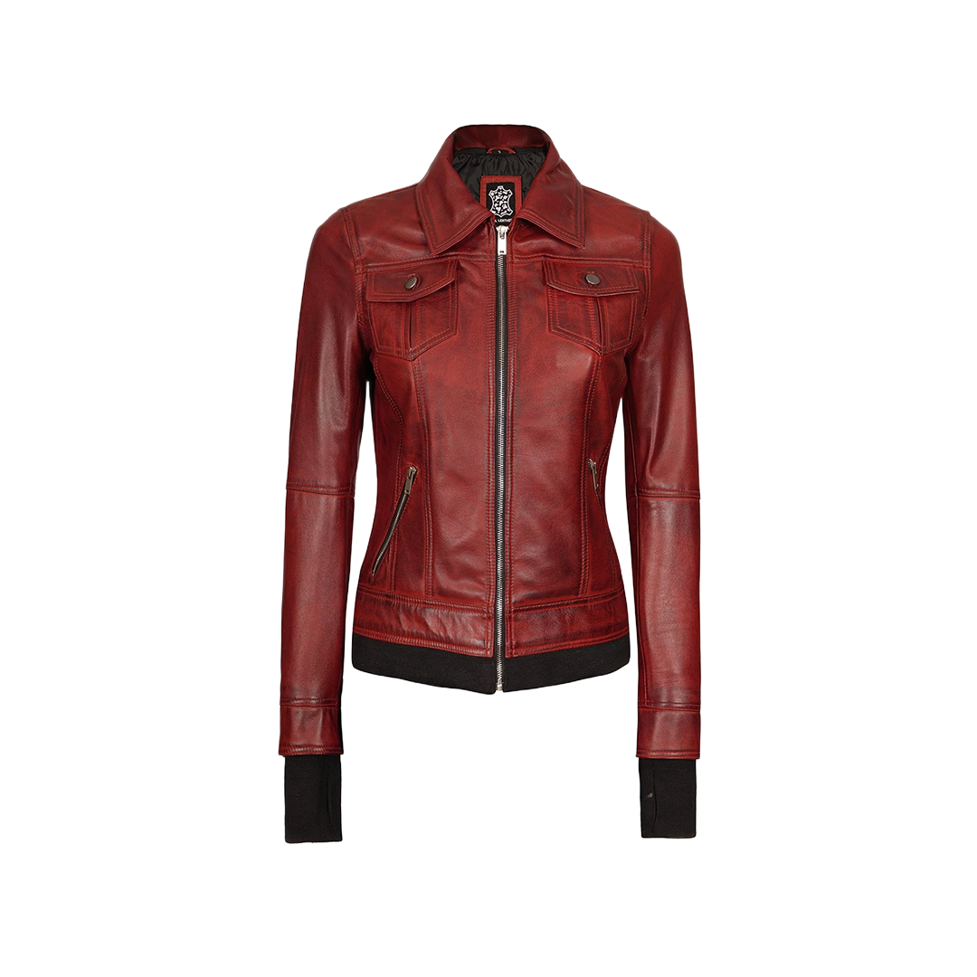 Women's Burgundy Hooded Leather Jacket