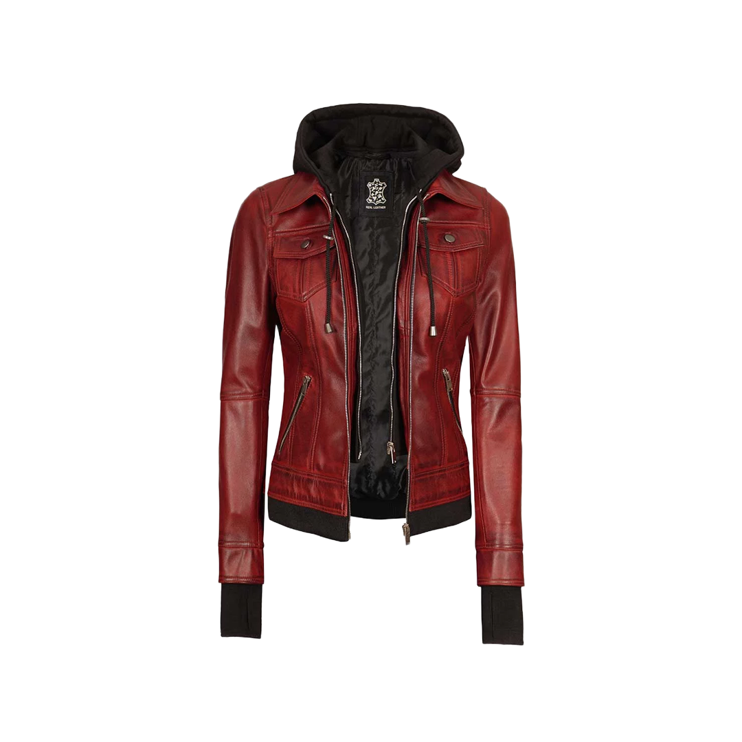 Women's Burgundy Hooded Leather Jacket