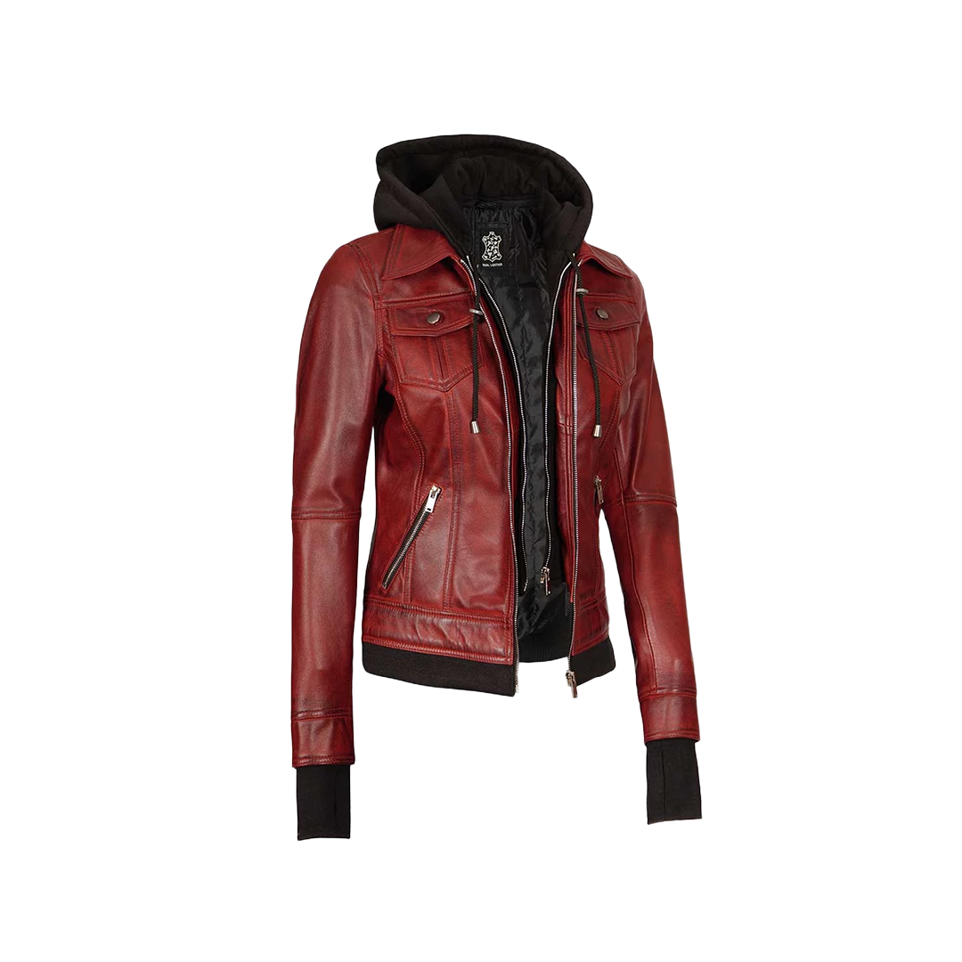 Women's Burgundy Hooded Leather Jacket