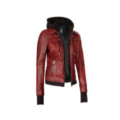 Women's Burgundy Hooded Leather Jacket