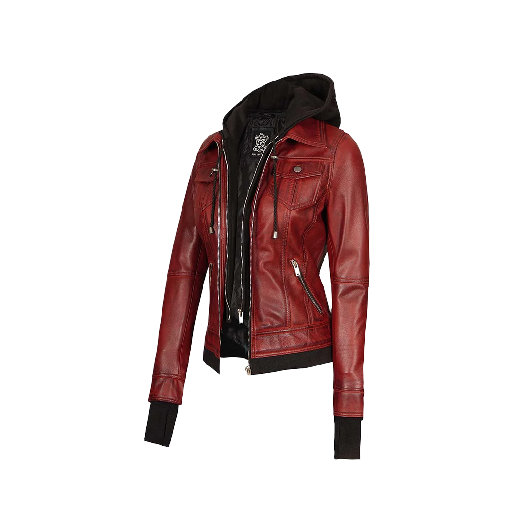 Women's Burgundy Hooded Leather Jacket