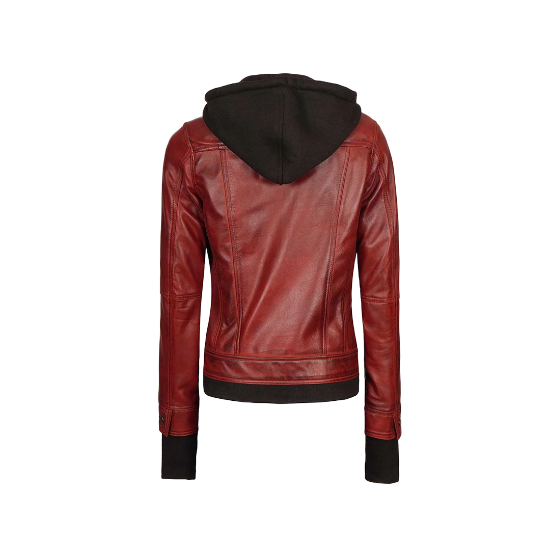 Women's Burgundy Hooded Leather Jacket