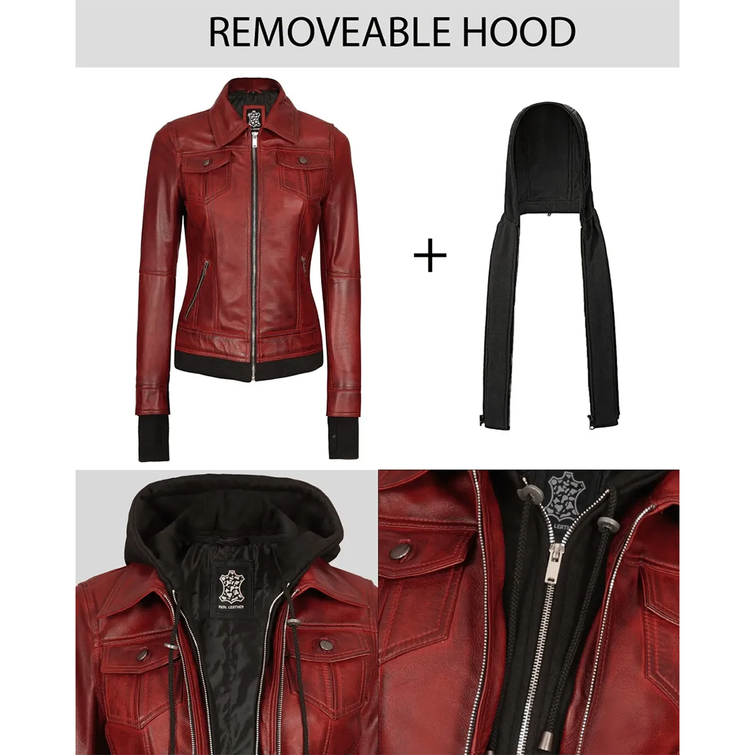 Women's Burgundy Hooded Leather Jacket
