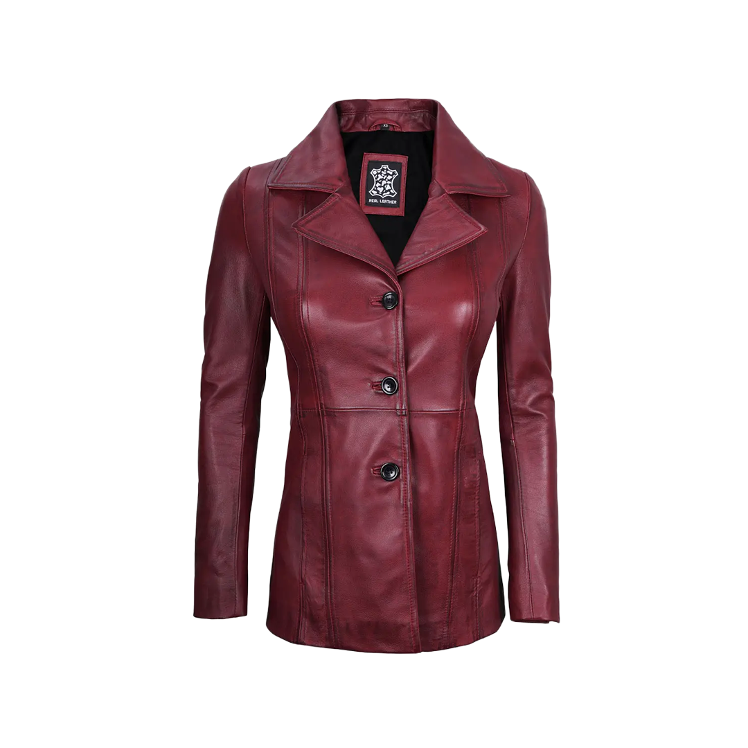 Women's Real Leather Burgundy Blazer with Three Button