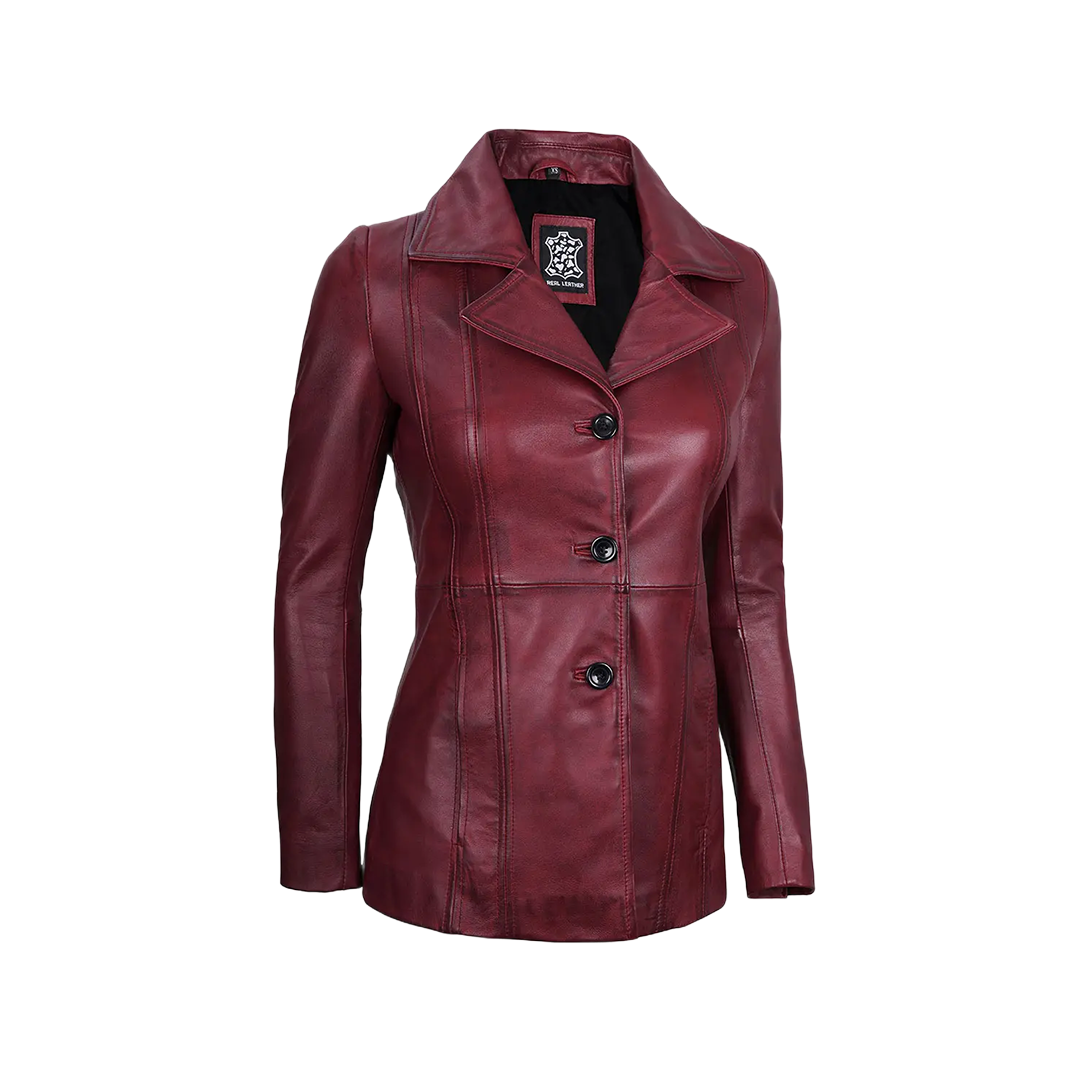 Women's Real Leather Burgundy Blazer with Three Button