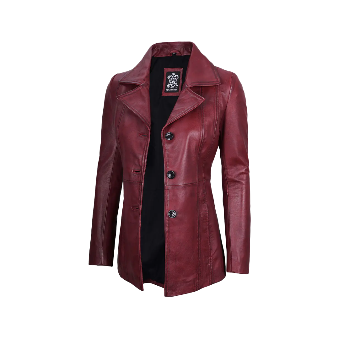 Women's Real Leather Burgundy Blazer with Three Button