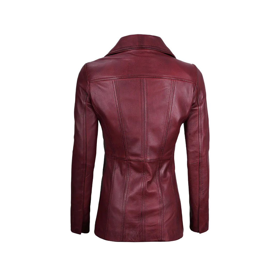 Women's Real Leather Burgundy Blazer with Three Button