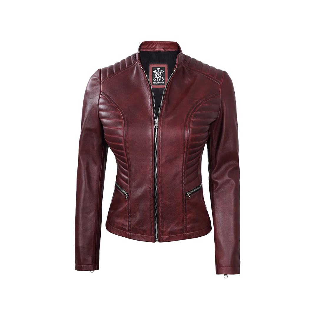 Women's Burgundy Leather Cafe Racer Jacket