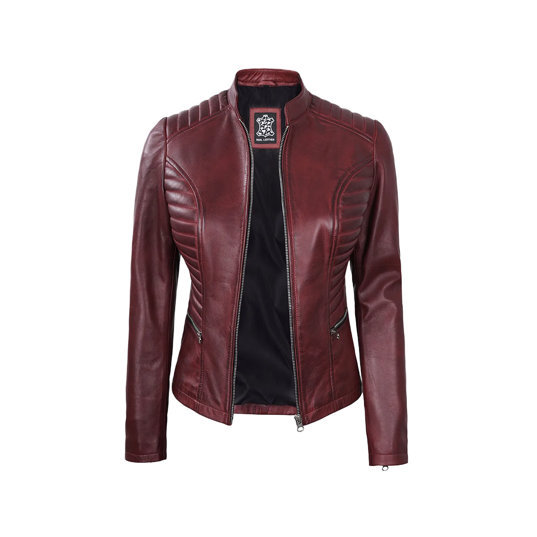 Women's Burgundy Leather Cafe Racer Jacket
