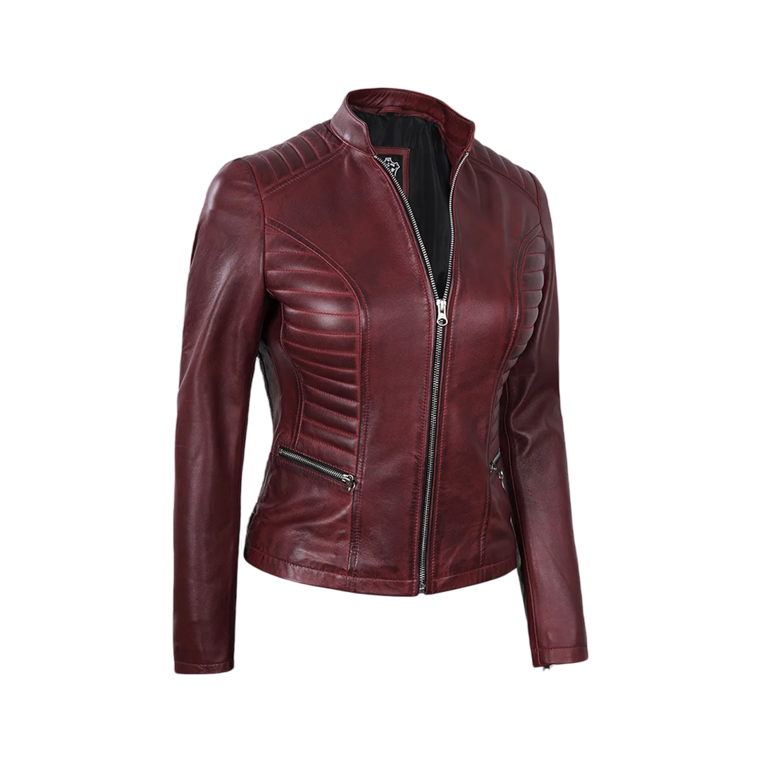 Women's Burgundy Leather Cafe Racer Jacket