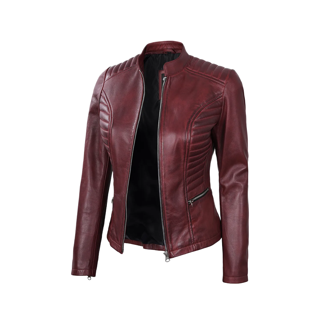 Women's Burgundy Leather Cafe Racer Jacket