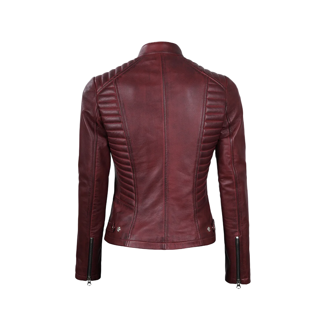 Women's Burgundy Leather Cafe Racer Jacket