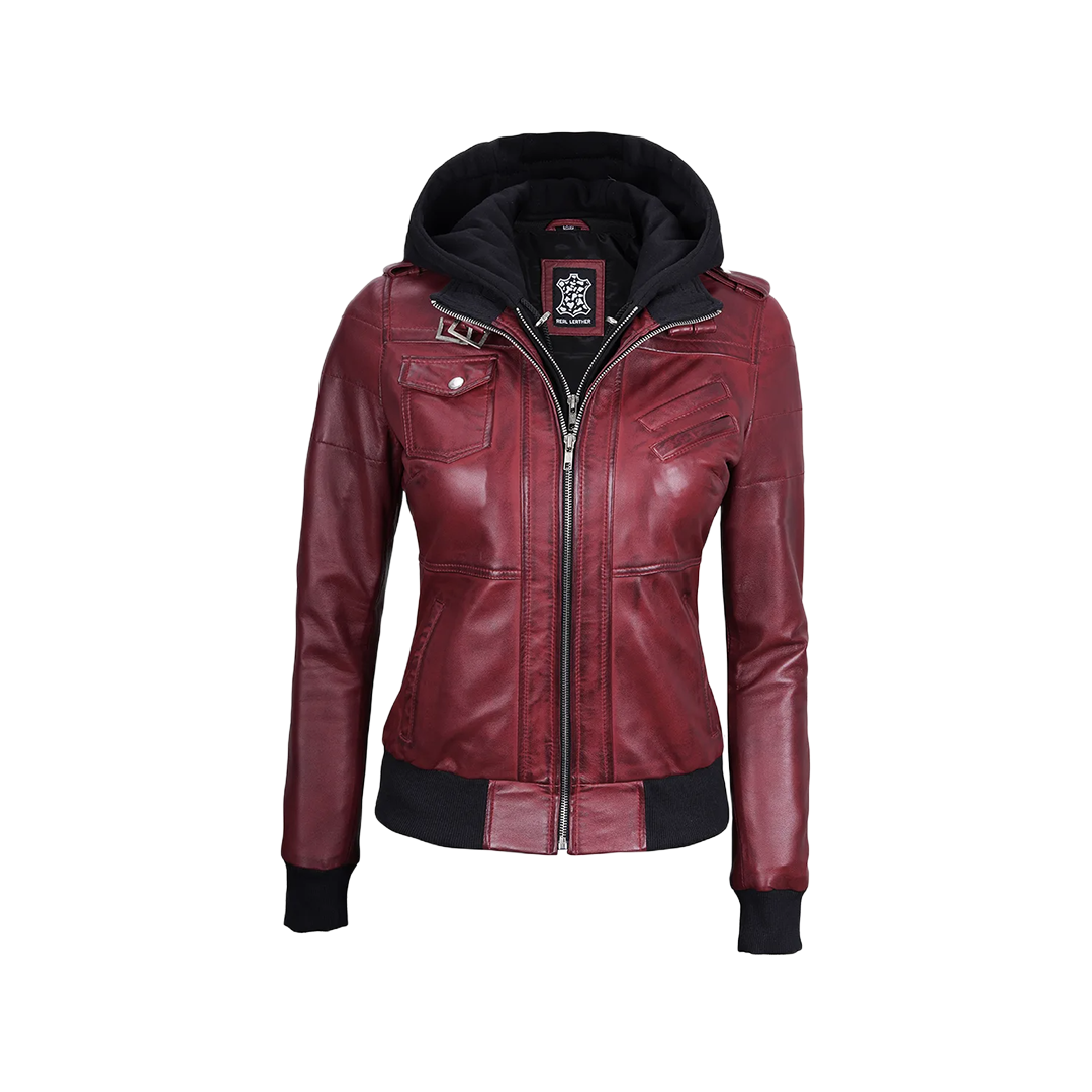 Women's Burgundy Leather Jacket with Removable Hood