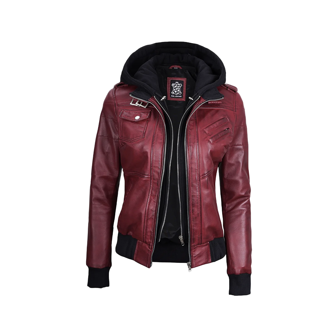 Women's Burgundy Leather Jacket with Removable Hood