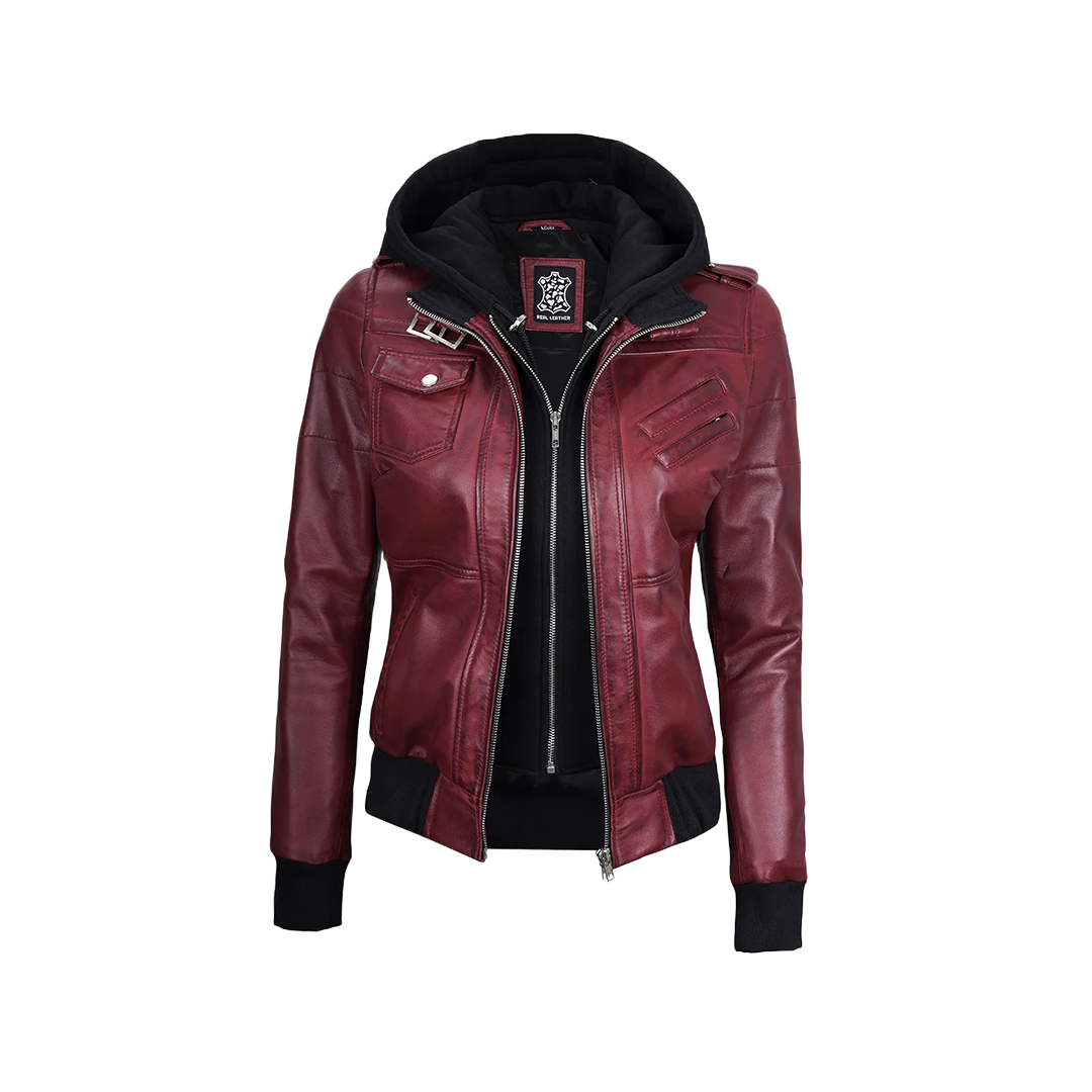 Women's Burgundy Leather Jacket with Removable Hood
