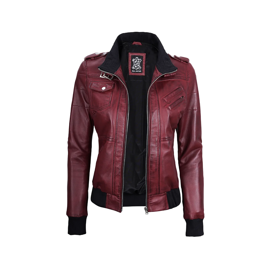 Women's Burgundy Leather Jacket with Removable Hood