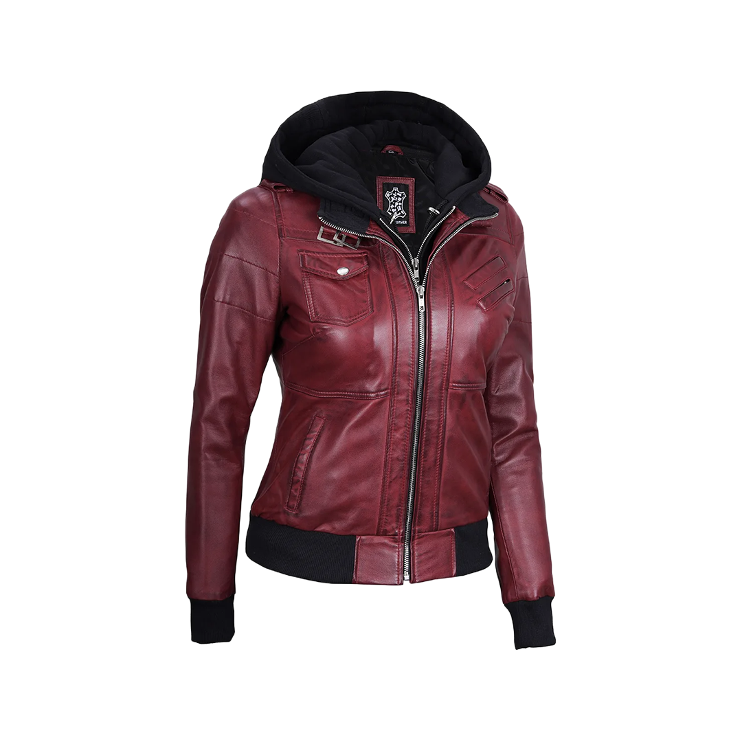 Women's Burgundy Leather Jacket with Removable Hood