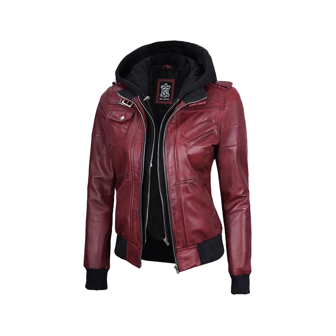Women's Burgundy Leather Jacket with Removable Hood