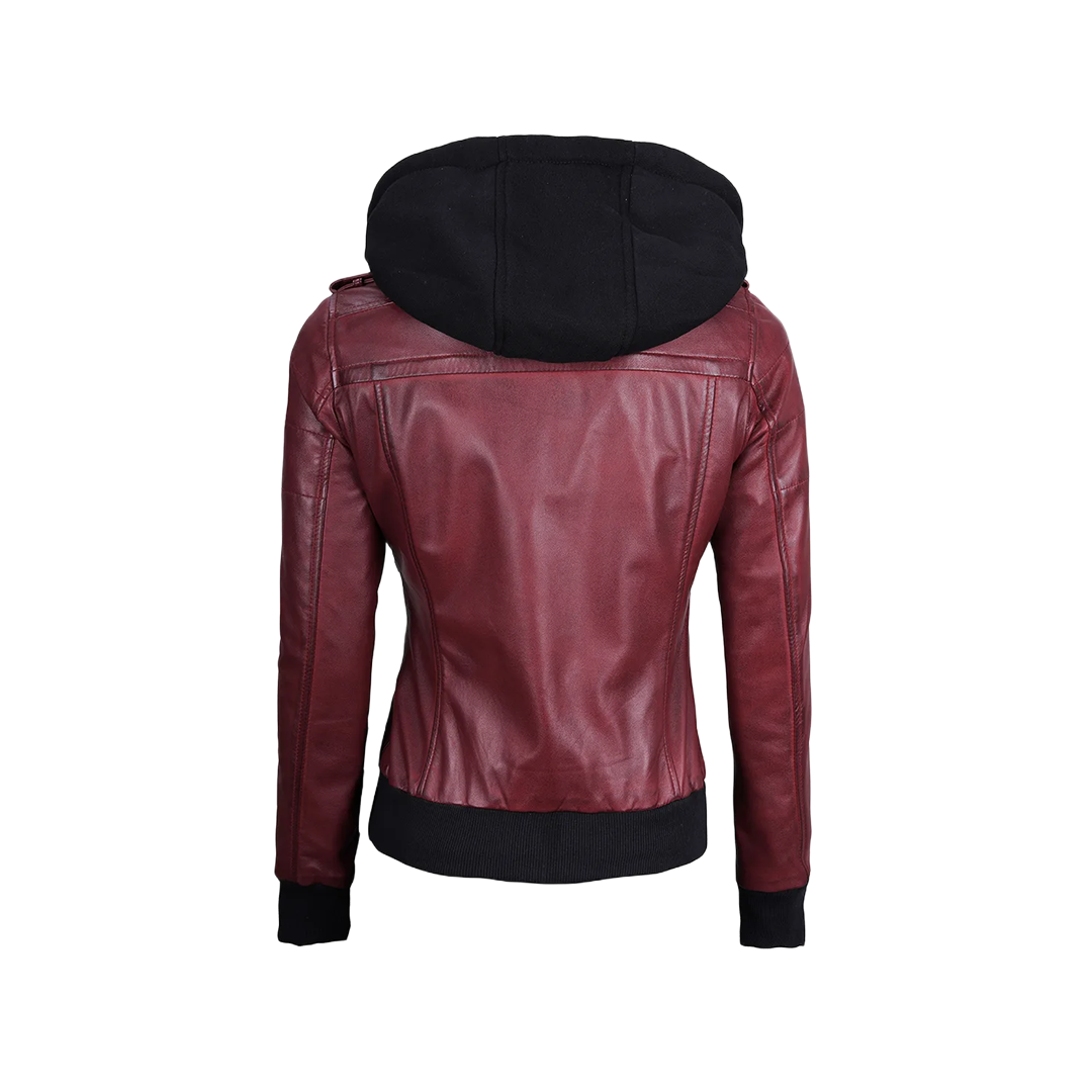 Women's Burgundy Leather Jacket with Removable Hood