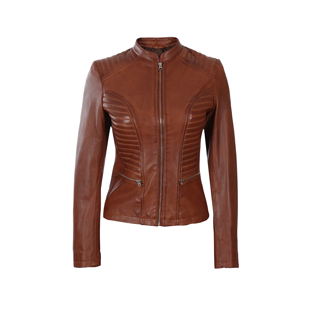 Women's Cafe Racer Cognac Brown Leather Jacket