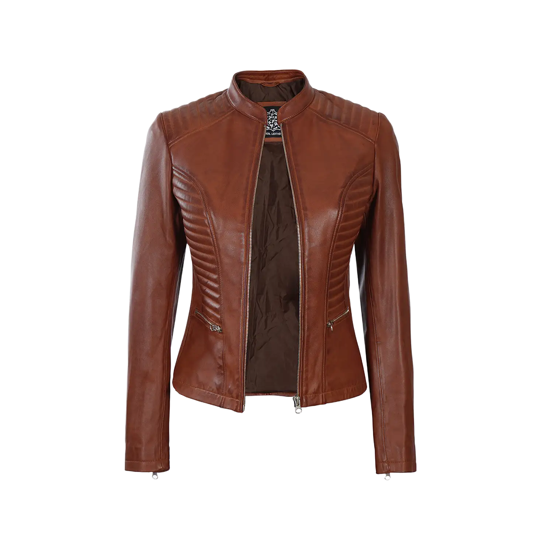 Women's Cafe Racer Cognac Brown Leather Jacket