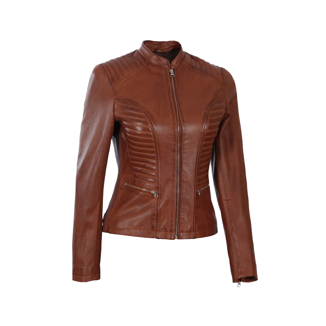 Women's Cafe Racer Cognac Brown Leather Jacket