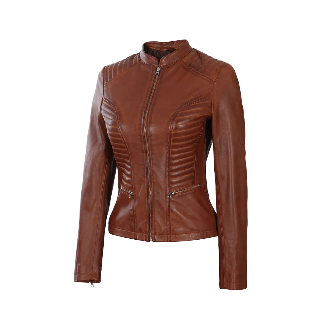 Women's Cafe Racer Cognac Brown Leather Jacket