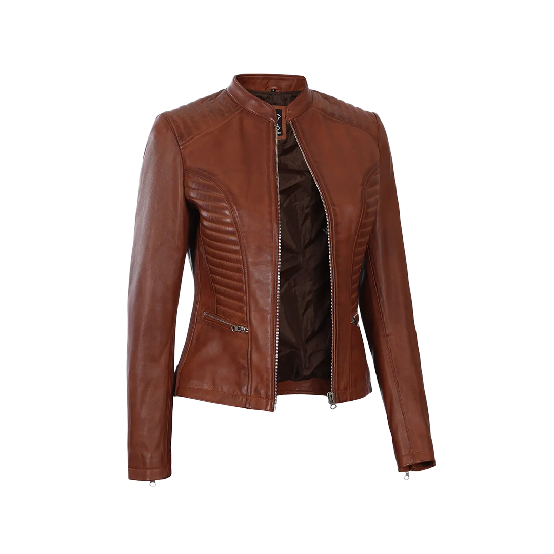 Women's Cafe Racer Cognac Brown Leather Jacket