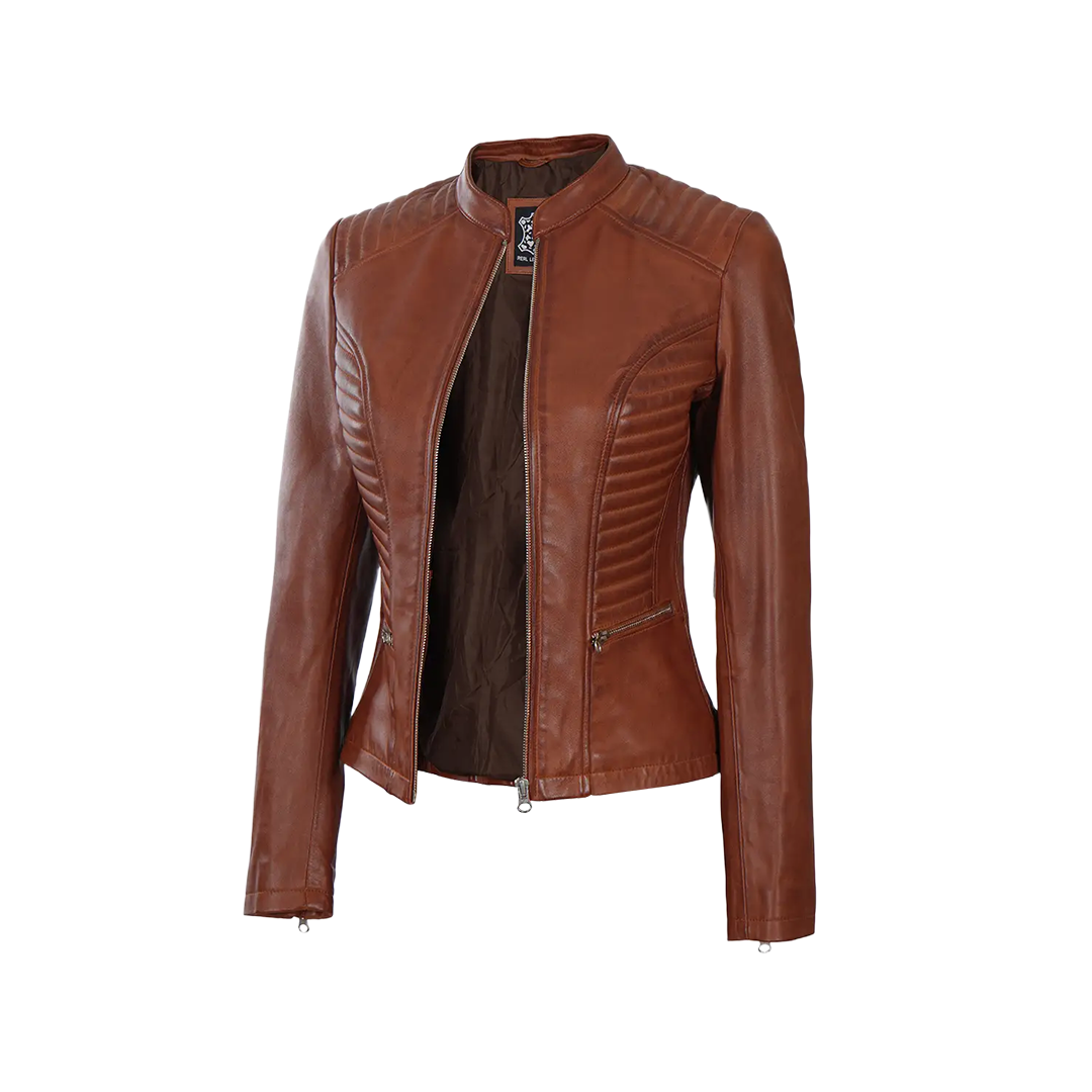 Women's Cafe Racer Cognac Brown Leather Jacket