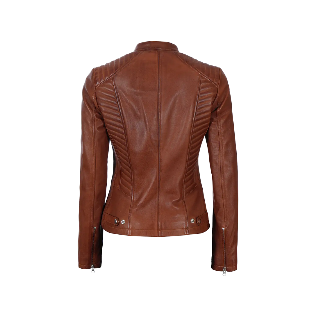Women's Cafe Racer Cognac Brown Leather Jacket