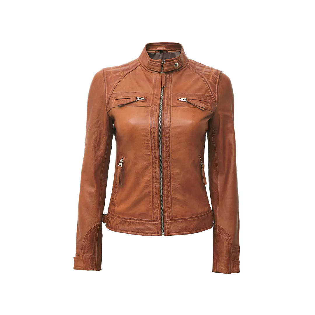 Women's Cafe Racer Tan Leather Jacket