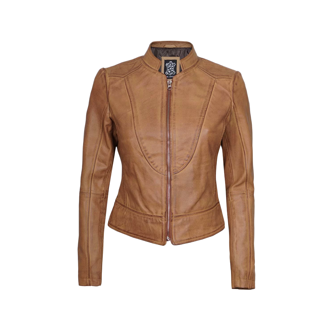 Women's Camel Brown Cafe Racer Leather Jacket
