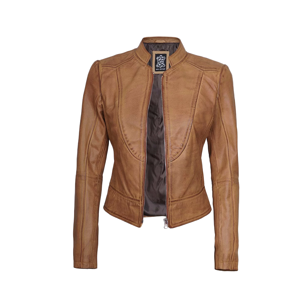 Women's Camel Brown Cafe Racer Leather Jacket